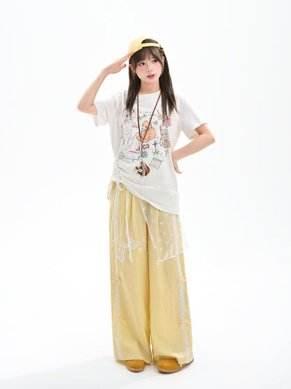Yellow Regular/Short Version Wide-Leg Pants Bowknot Embroidery High Waist