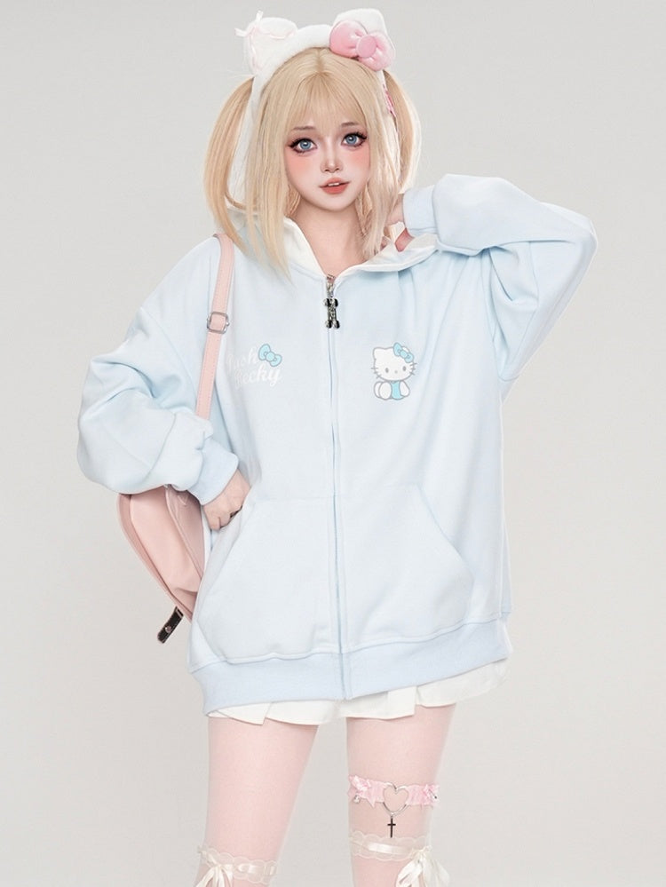 ピンク/ライトブルー/グレー/ブラック キティプリント セーラーカラー ジップ開閉 厚手スウェットシャツ