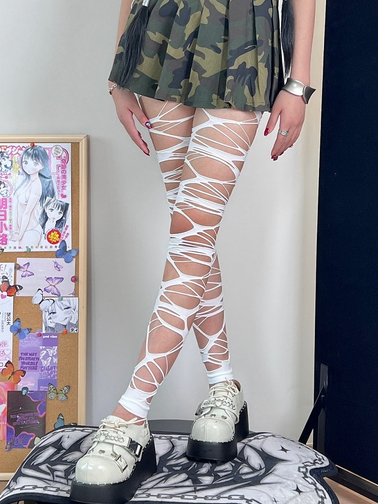 Lange Strümpfe Asymmetrische Details Y2K Cut-out Overknee Schwarz/Weiß Design Version