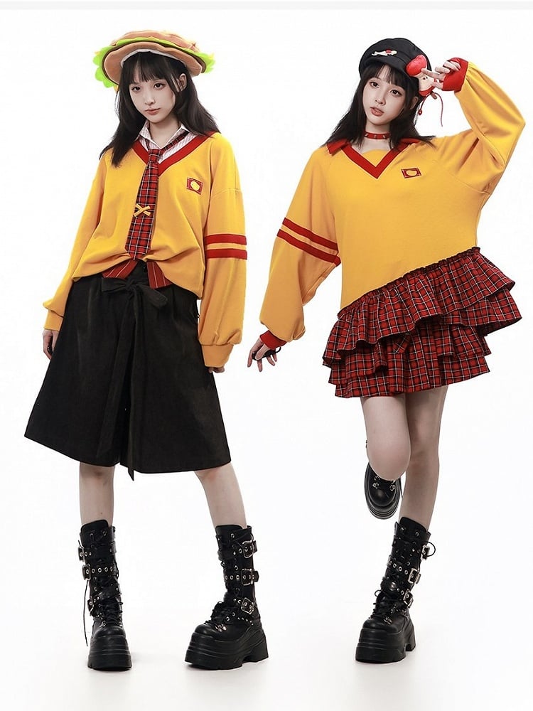 Waffle Knit Yellow and Red Long-Sleeved Top with Asymmetrical Plaid Hem - PINK SAVIOR