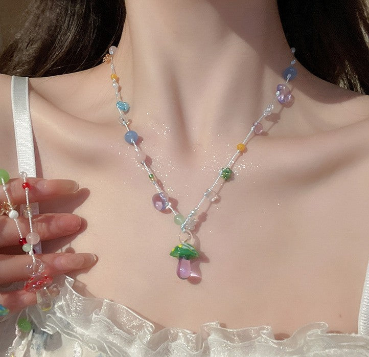 Y2K Blau/Rot/Lila Süße Halskette Pilz Perlen