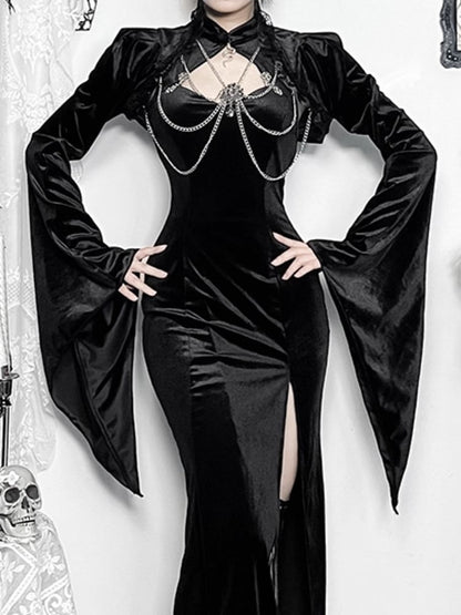 Gothic Trim Sleeve Detail Bell Black Shrug Chain Gem Halloween Lace with