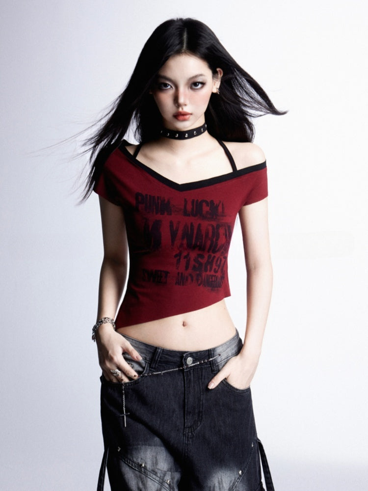 Asymmetrical Graphic Halter Neck Cropped Neckline T-shirt Punk Red Rock with Y2K Hem