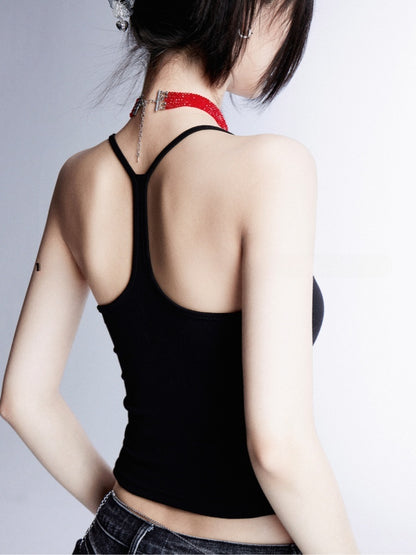 キャミトップ カップ バックレス グラマラス ブラック/ホワイト スクープネックライン パッド入り