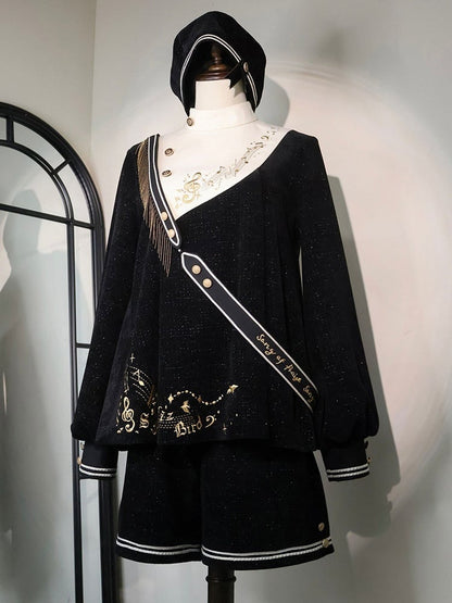 Black Ouji Preppy Style Full Set-Black Glittering Waffle Top + Shorts + Hat