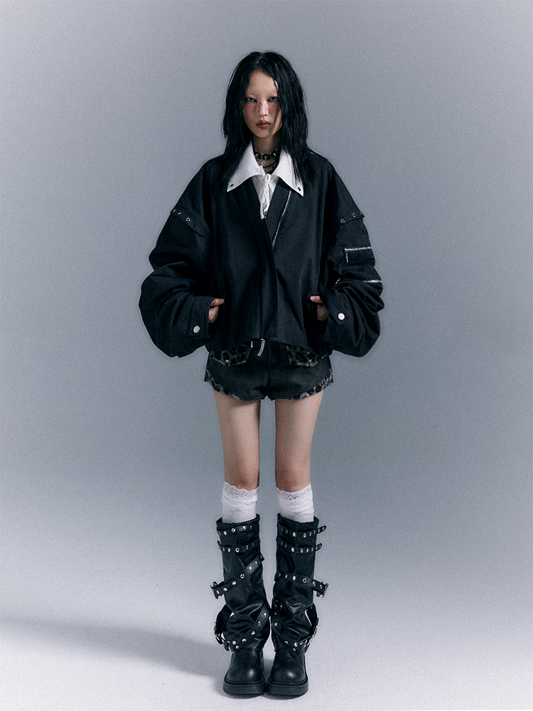 Black Design Punk Zip - Jacket Asymmetrical Closure