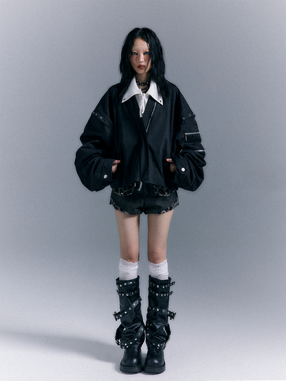 Black Design Punk Zip - Jacket Asymmetrical Closure