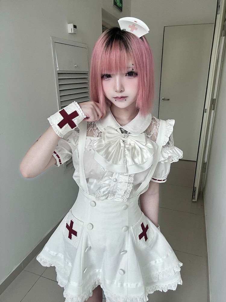 White Lace Blouse & Skirt Set with Straps & Bow - Shi Zhai Xin