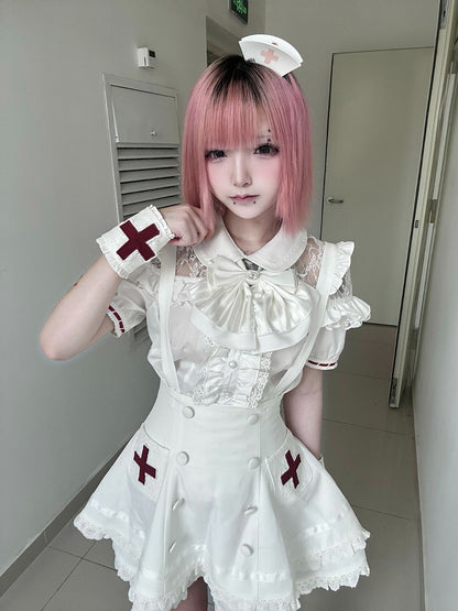 White Lace Blouse & Skirt Set with Straps & Bow - Shi Zhai Xin