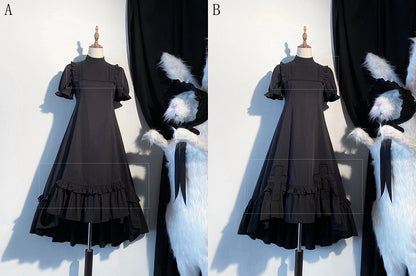 Black Gothic Lolita High-Low Ruffled Dress with Cross Patches - Blossom Herald
