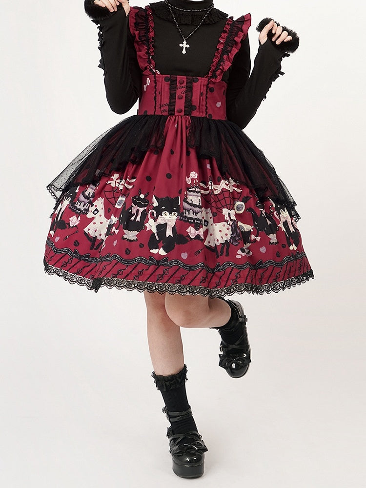 High Kitty Detachable Lolita Straps Cake with Skirt Ruffle Print Red Waist and