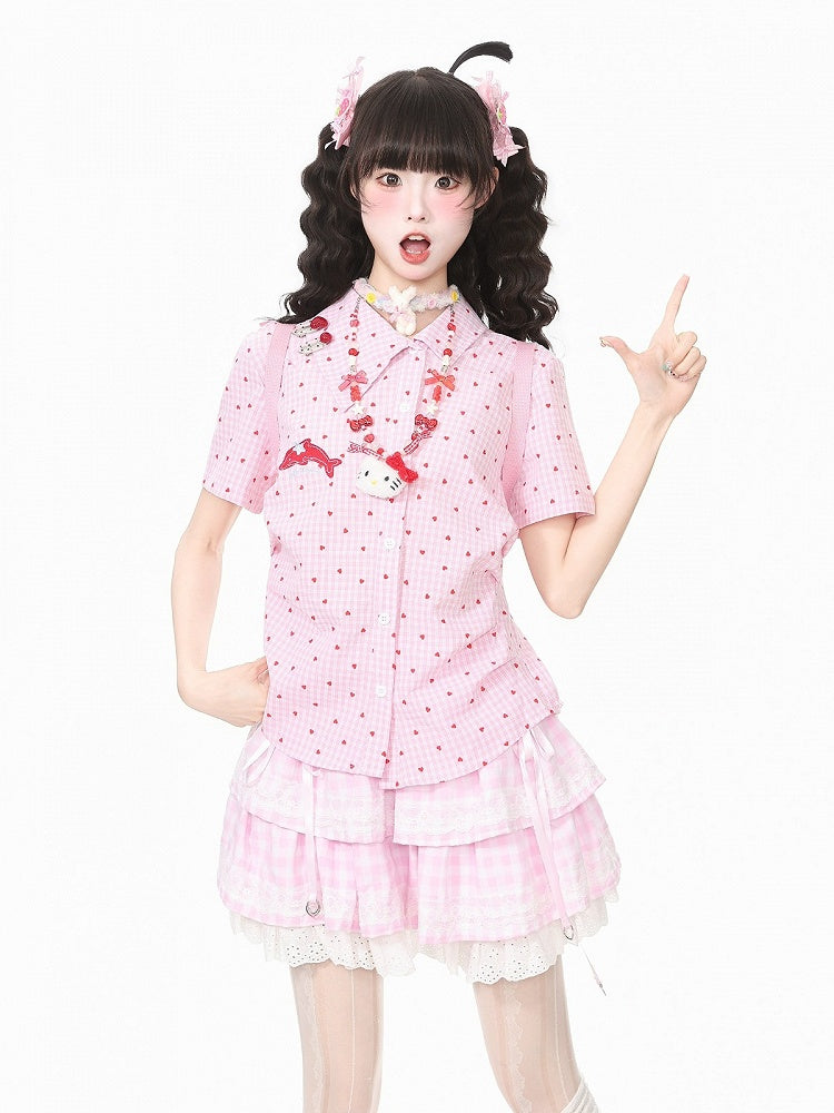 Heart Print Pink Asymmetrical Dolphin Embroidered Shirt - Languid Park