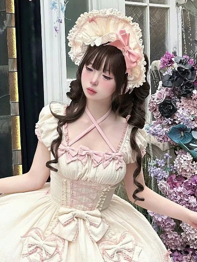 スクールオールドピンクのトリムボンネットレースロリータイエロー、蝶結びのディテール付き