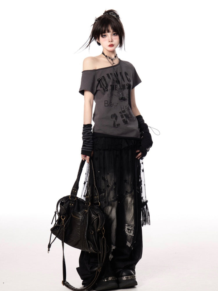 Y2K Letter Print White/Gray Asymmetrical Neckline T-shirt