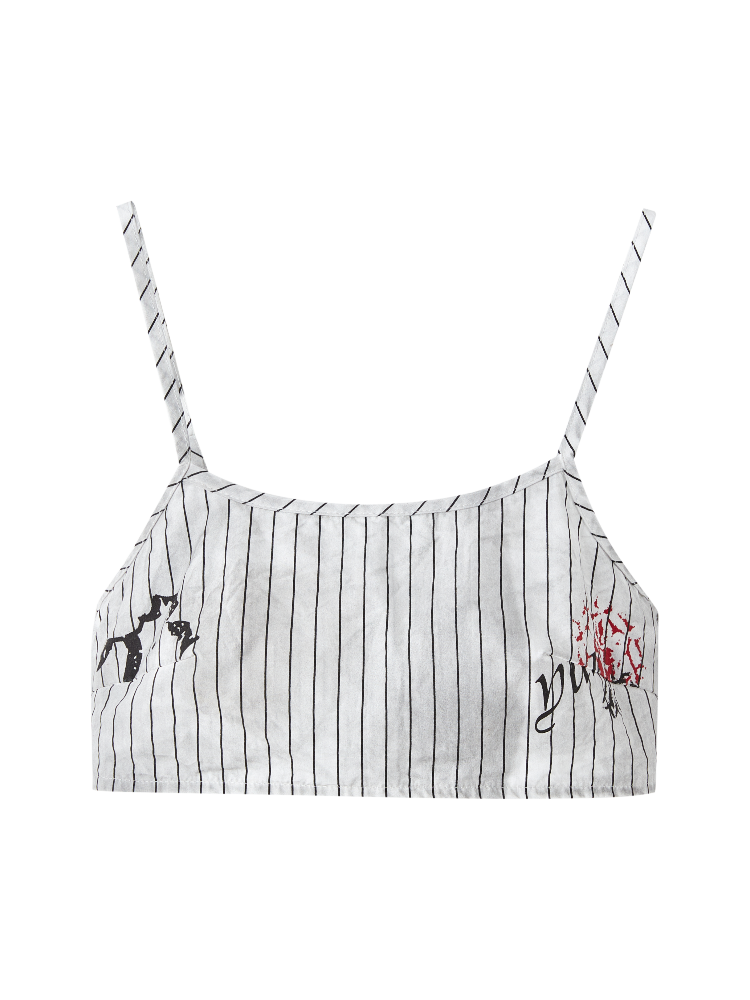 Cami Top Streifen Graffiti Distressed Weiß Schwarz Cropped