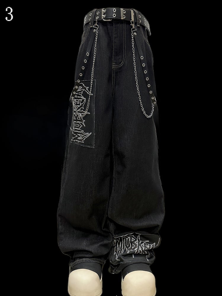 ダークカットアップリケレタージーンズブルーストレートレッグ