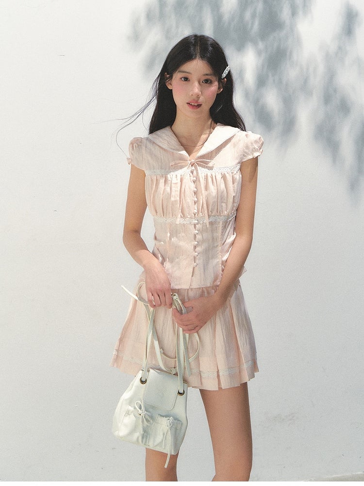 Pleating Waist Sweet Cinched Pink Details Sleeve with Blouse Puff
