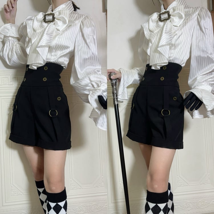 Weißes Ouji Lolita Langarmhemd mit Jabot-Fliege