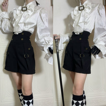 Weißes Ouji Lolita Langarmhemd mit Jabot-Fliege