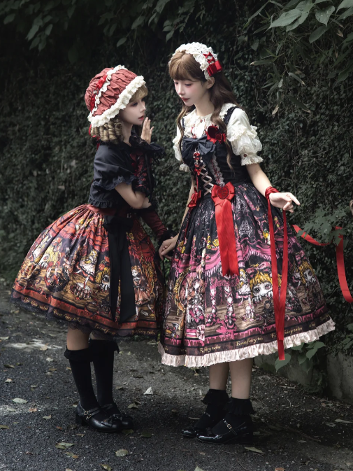 Pink Black Apple Embroidery Bow JSK Dress with Red Shoes Story - Forest Fairy Tales