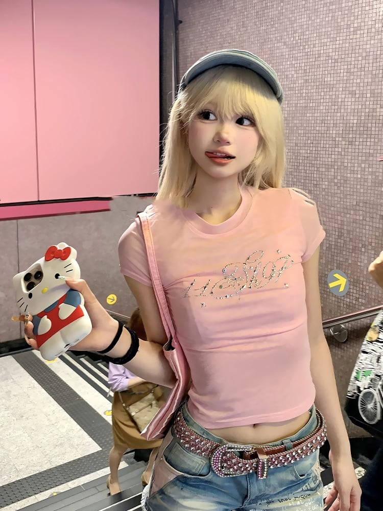 Cropped T-Shirt Embellished Pink Round Neck Rhinestones