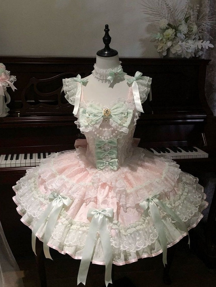 Pink & Green Multi-Layer Lace Lolita JSK Dress - Miss Han
