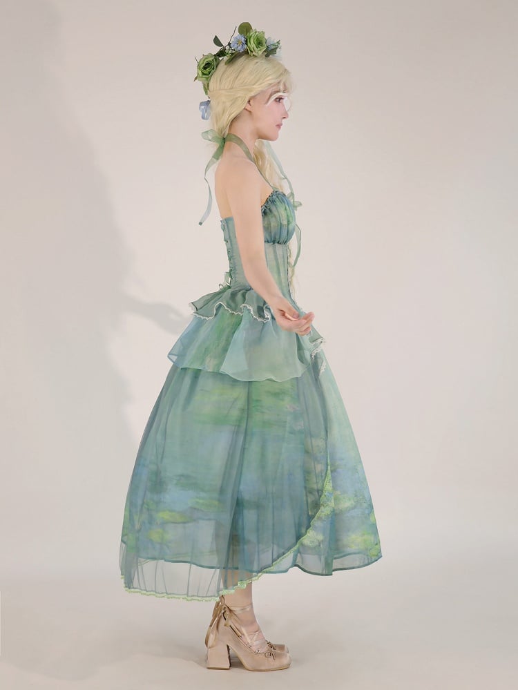 Fairy Oil Tiered Flounce Hem Halter Boned Corset Top Green Painting Print