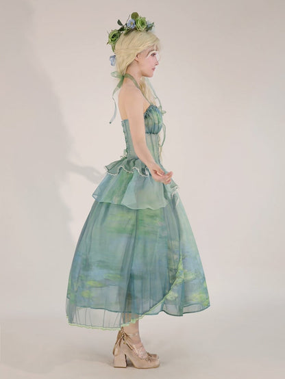 Fairy Oil Stufenvolant Saum Neckholder Korsett Top mit Stäbchen Grün Gemälde Druck