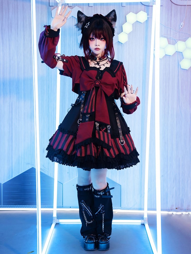 JSK Collar and Ears Red Dress Gothic Sailor Striped Pattern Big + Kitty Bow Top Lolita Black Cropped