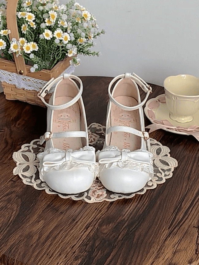 Toe at White Mid Sweet Heels Lace with Round Top Trim Bow