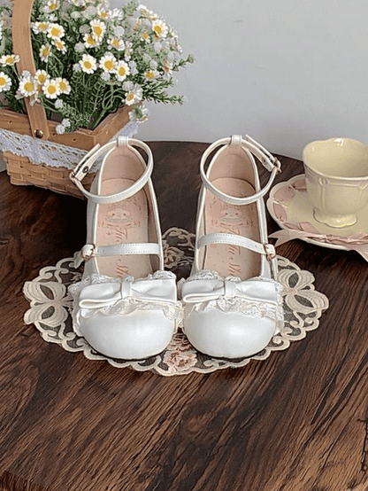 Toe at White Mid Sweet Heels Lace with Round Top Trim Bow