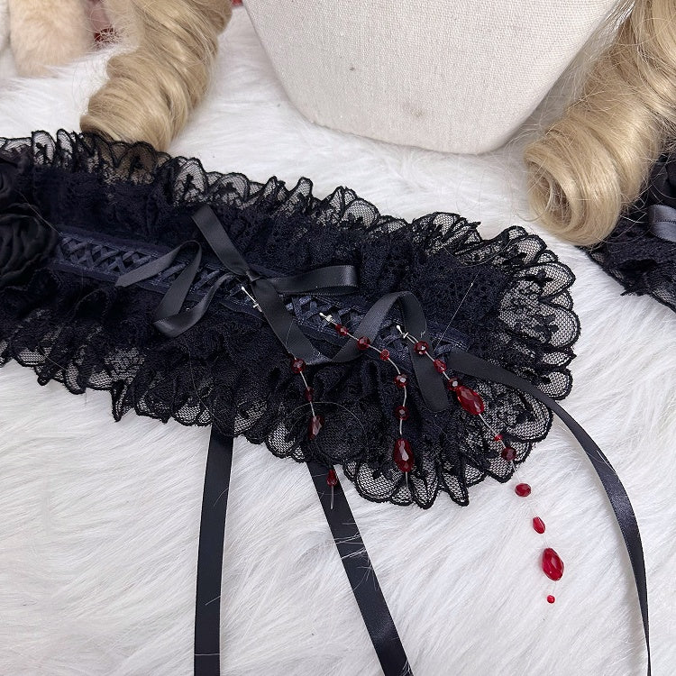 Red Ribbon Bow Bead Hairband Black Lace With Charms