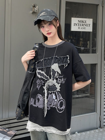 ビタースイートとTシャツのツーピース、フェイクブラックアップリケ、グレーのウサギ柄文字