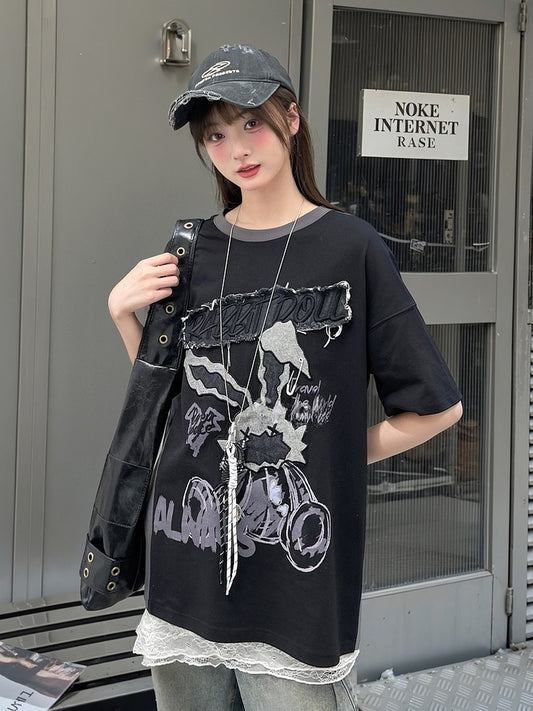 ビタースイートとTシャツのツーピース、フェイクブラックアップリケ、グレーのウサギ柄文字