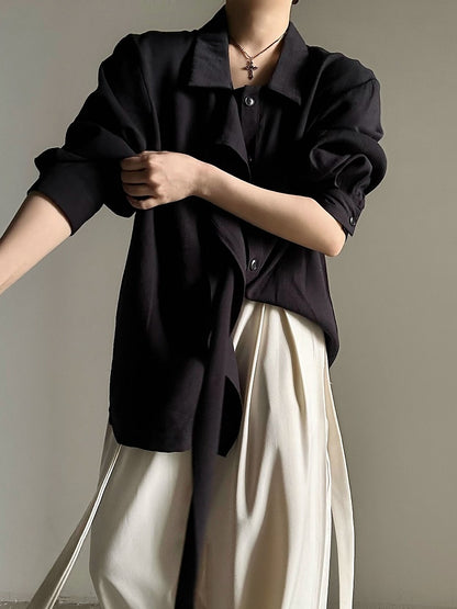 Loose Collar Lolita Draping Long Ouji Shirt Retro Black Pointed with Ribbon