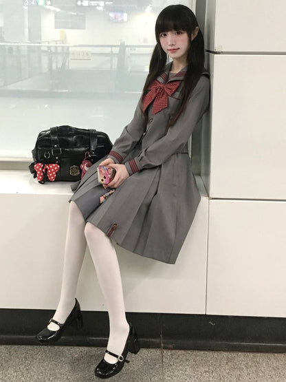 袖付きグレーロングブラウスセーラーJK刺繍襟制服花柄