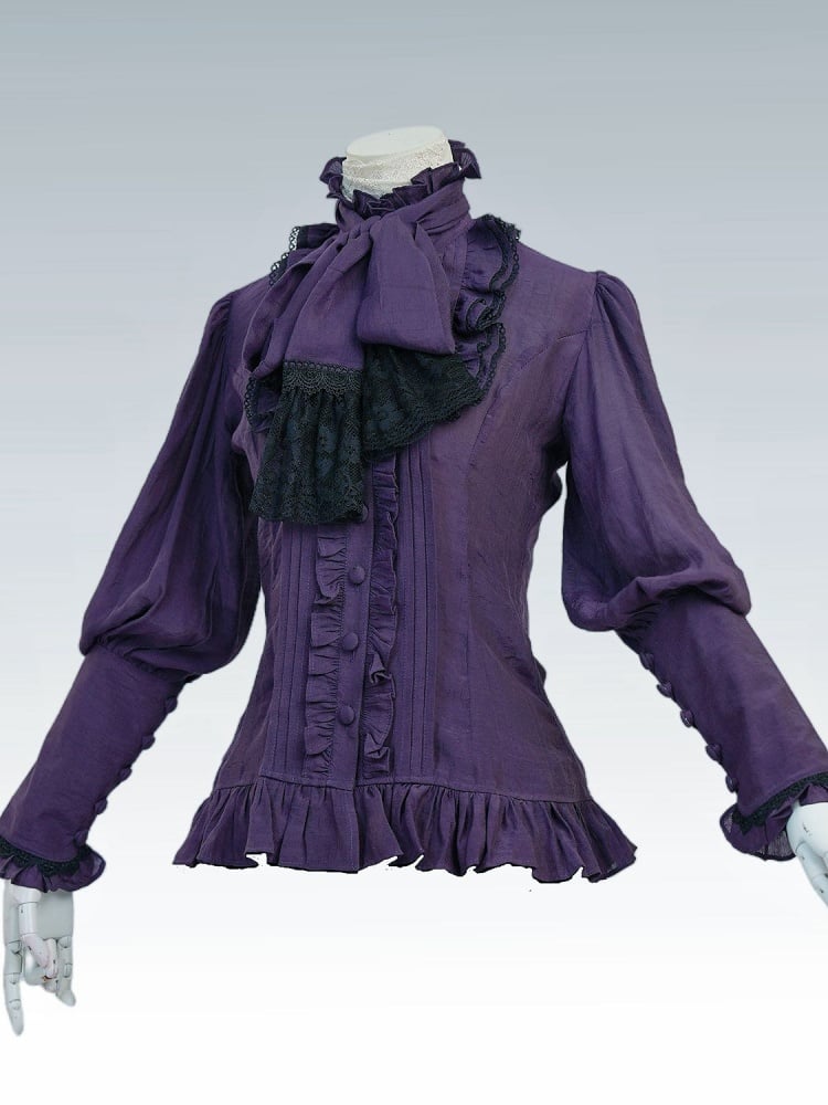 Purple Shirt Black Boned Waistcoat Skirt Set