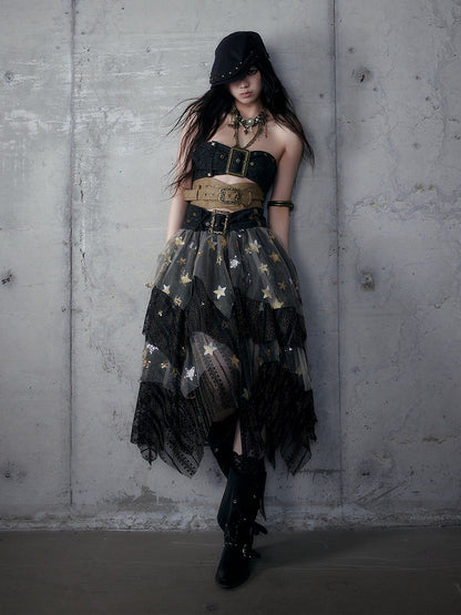 Punk Rococo Yellow Three-Strap Cross Metal Buckles with Black Embroidery Bustier