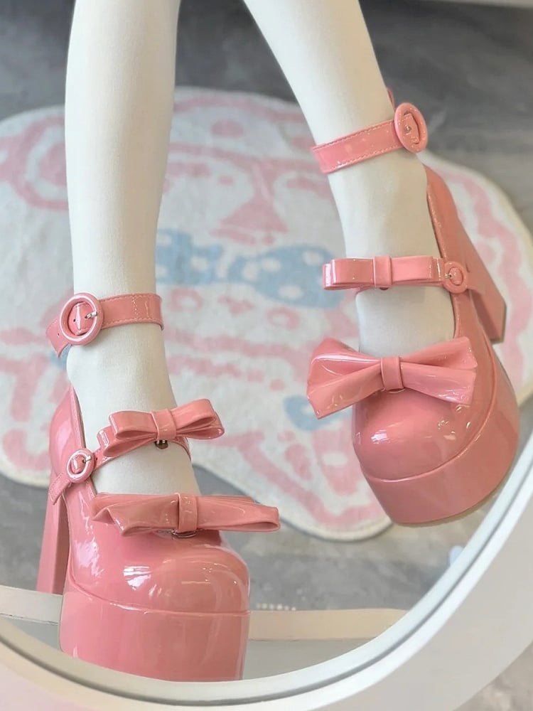 Block Circular Accent Janes Mary - Heel High Barbie Elegant and Pink Bow Clasp Removable
