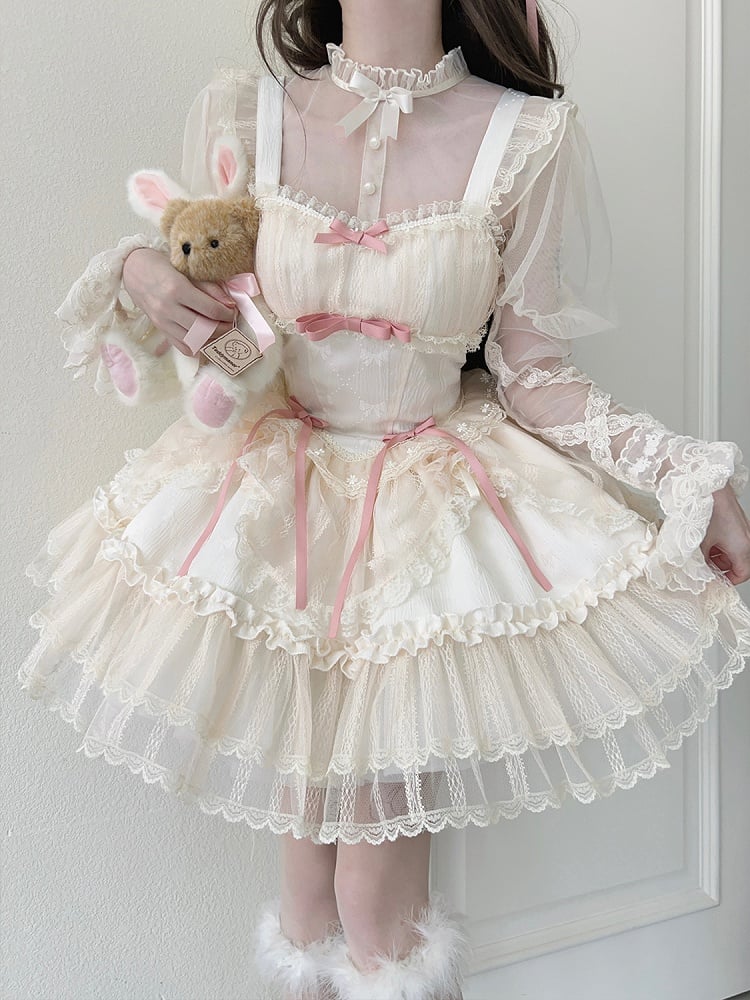Small Jumper Short Bows Apricot Dress Balletcore Skirt Fabric Lolita