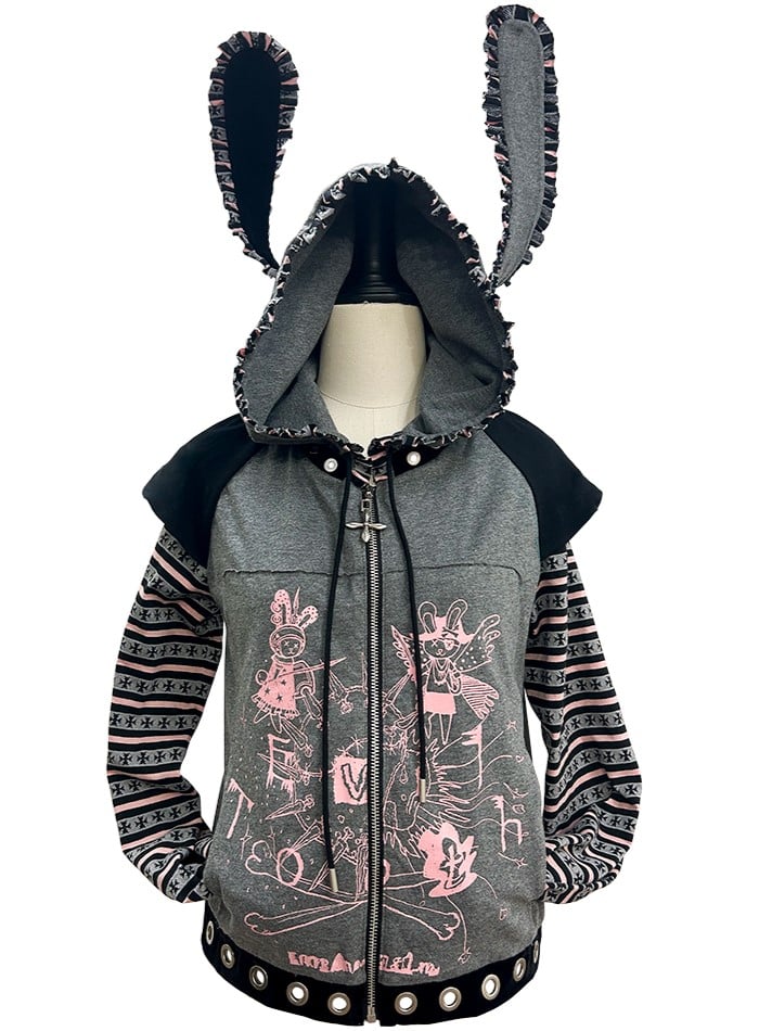 Punk Hime Two-Piece Ears Hoodie Faux Gyaru Bunny with Gray