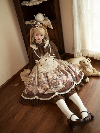Drucken Lolita Zwei Teddy Haus Stücke Kleid Kaffee Design Lange Grüne Ärmeln
