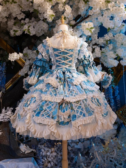 Floral Blue Edge with Hem Lolita Dress Print Scalloped Hime Lace