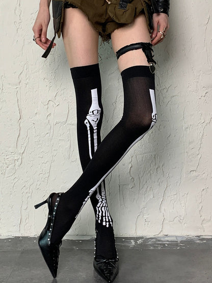 Over-knee Print Black Stockings Y2K Bone
