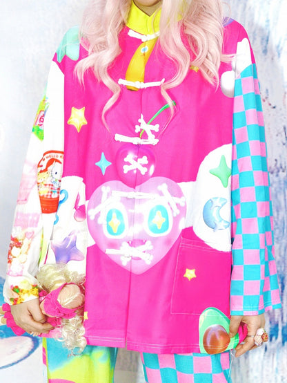 Bone Star 6 Shirt Print Y2K Checked Pattern And Colorful Heart