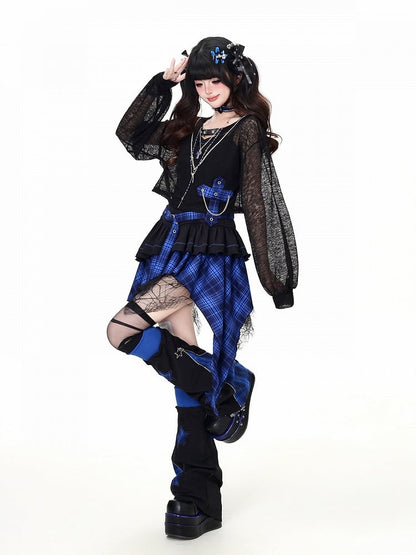 Blue Black Plaid Cropped Top with Cross Chain Detail - CRAZY GIRL