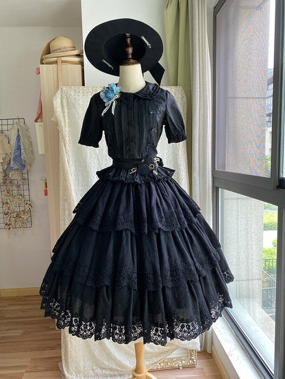 Elegant Black Multilayer Ruffled Floral Embroidery Skirt - Miss Point