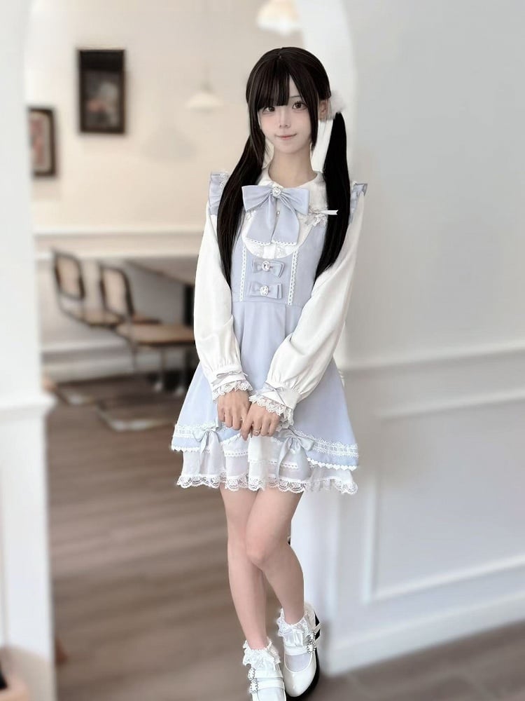 on with Chiffon Skirt Bowknots Light Jirai Blue Kei Dress Hem Tiered