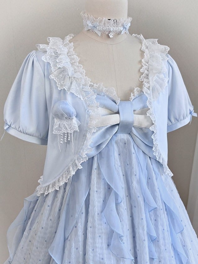 Blue Bow Cardigan with Lace Trim - Tan Tuan