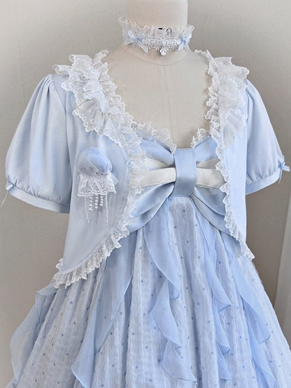 Blue Bow Cardigan with Lace Trim - Tan Tuan